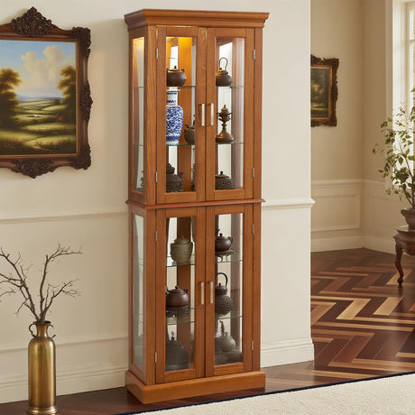 Royard Oaktree Lighted Curio Cabinet Wooden Display Cabinet with Adjustable Tempered Glass Shelves Vintage Accent Storage Cabinet with Mirrored Back & Tempered Glass Doors, Oak Royard Oaktree