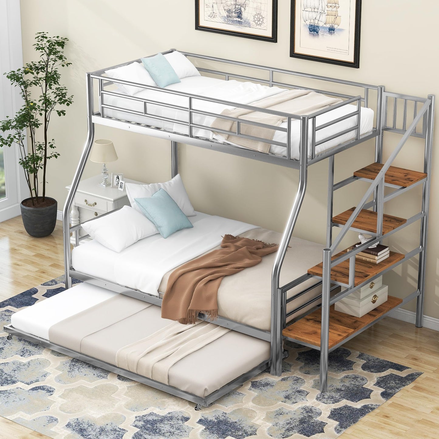 Ziraukon Twin Over Full Bunk Bed with Trundle and Stairs, Twin Over Full Size Metal Bed Frame with Storage and Safe Guardrails, Noise Reduced, No Box Spring Needed, Silver