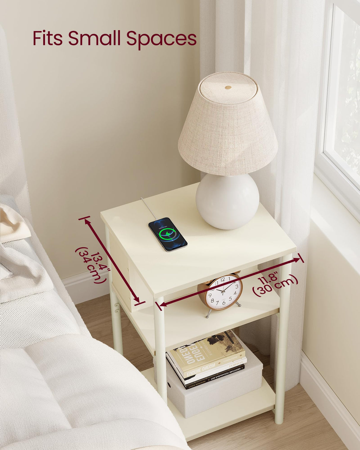 VASAGLE Side Table with Charging Station, 3-Tier End Table with USB Ports and Outlets, Nightstand for Living Room, Bedroom, 11.8 x 13.4 x 22.8 Inches, Plug-in Series, Cream White VASAGLE