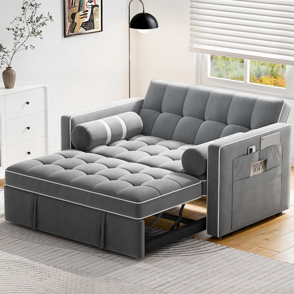 Pipishell 3 in 1 Convertible Sleeper Sofa Bed,Pull Out Couch for Living Room with USB Ports & Side Pockets,Adjustable Backrest,Velvet,Loveseat Sofa Bed,Futon Couches Pipishell