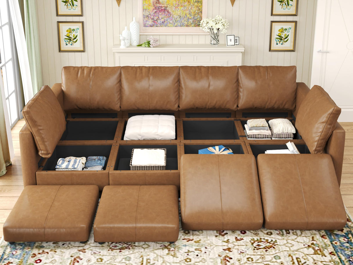EASE MOOSE Modular Sectional Sofa Sleeper Couch with Storage, 8 Seat Faux Leather Sectional Large Moduar Sleeper Sofa Sectional Sofa Bed Modular Couch for Living Room Brown EASE MOOSE