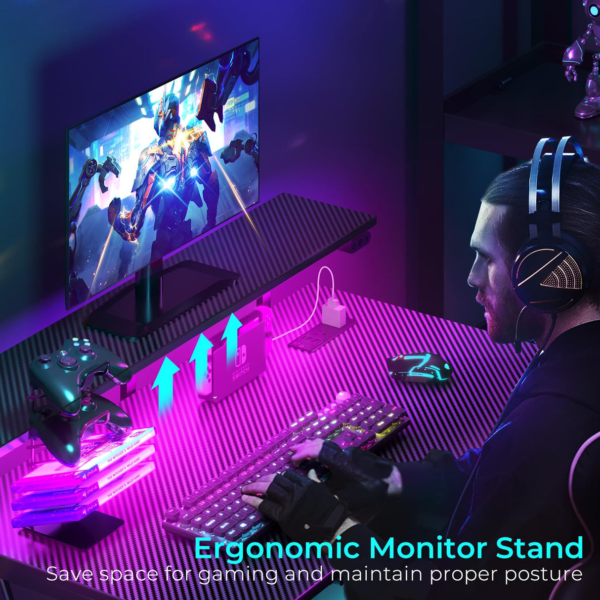 SEVEN WARRIOR Gaming Desk with LED Lights & Power Outlets, 39" Computer Desk with Monitor Stand & Storage Shelf, Gaming Table with Earphone Hook, Office Desk with Footrest, Carbon Fiber Black SEVEN WARRIOR