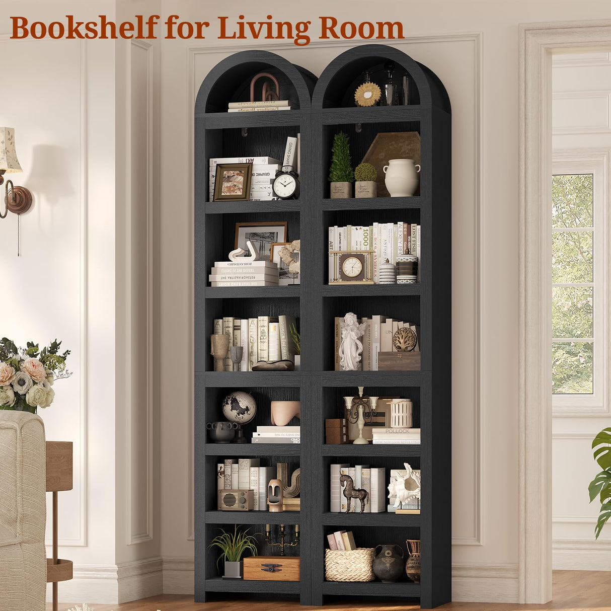 UPOSOJA 76" Tall Narrow Arched Bookcase,7-Teir Mid-Century Modern Bookshelf,Adjustable Shelves offering More Storage Space for Living Room,Kitchen,Home Office,Black UPOSOJA