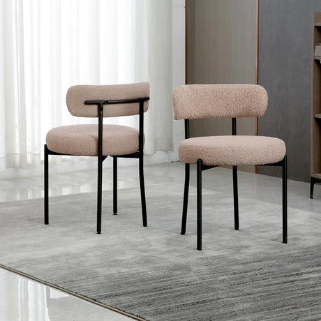 AISALL Dining Chairs Set of 2 Round Upholstered Boucle Dining Room Chairs Mid-Century Modern Kitchen Chairs Curved Backrest Chairs for Dining Room Black Metal Legs, Light Brown AISALL