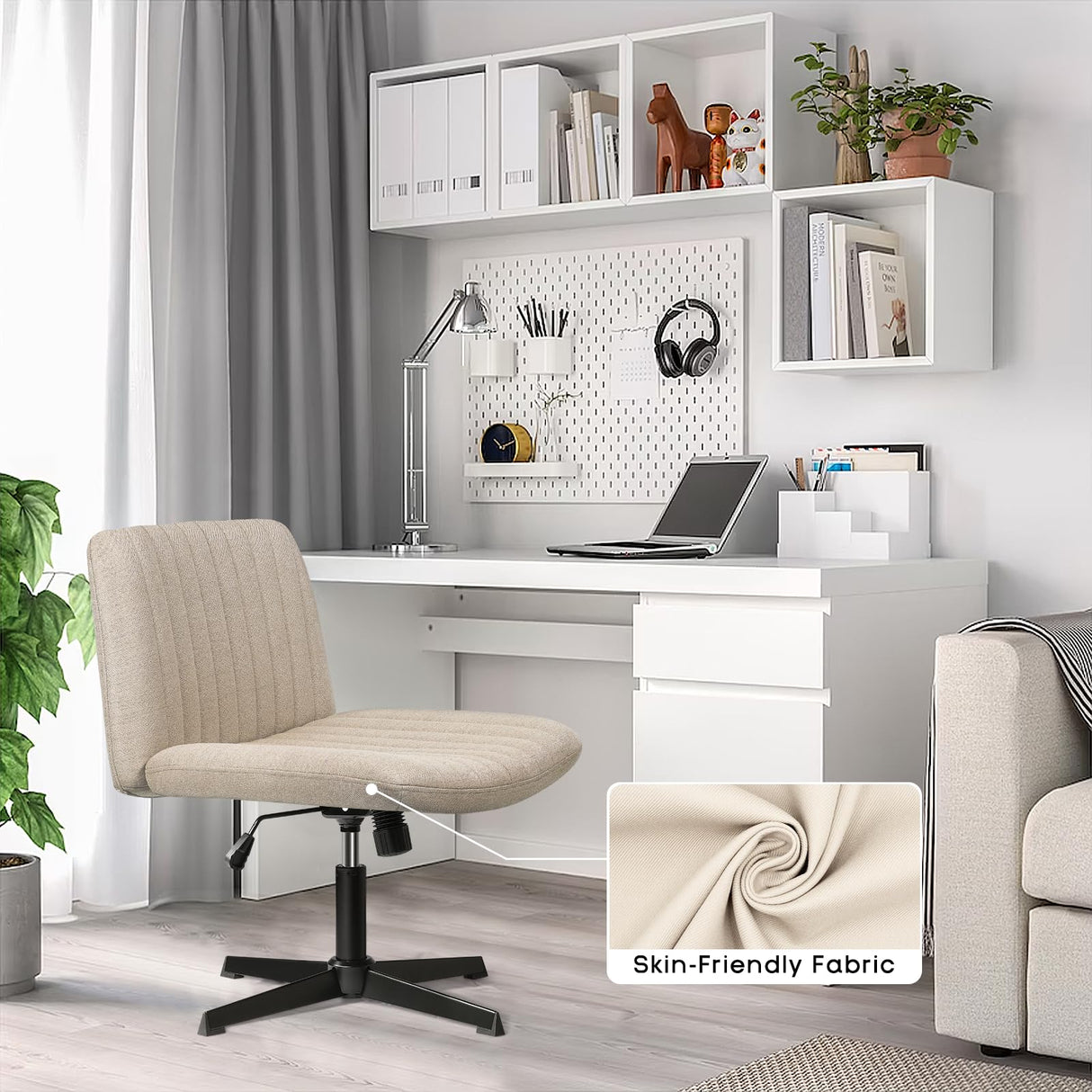 PUKAMI Criss Cross Chair,Comfy Cross Legged Office Desk Chair No Wheels,Cute Makeup Vanity Chair,Fabric Modern Swivel Height Adjustable Mid Back Wide Seat Computer Task Chair for Home Office(Beige) PUKAMI