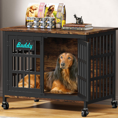 EasyCom 33"/27" Dog Crate Furniture with Name Tag, Heavy Duty Dog Kennel Indoor for Medium and Small Dogs, Double-Doors Sturdy Metal Dog Cage, Decorate House as TV Stand, End Table, Bedside Table EasyCom