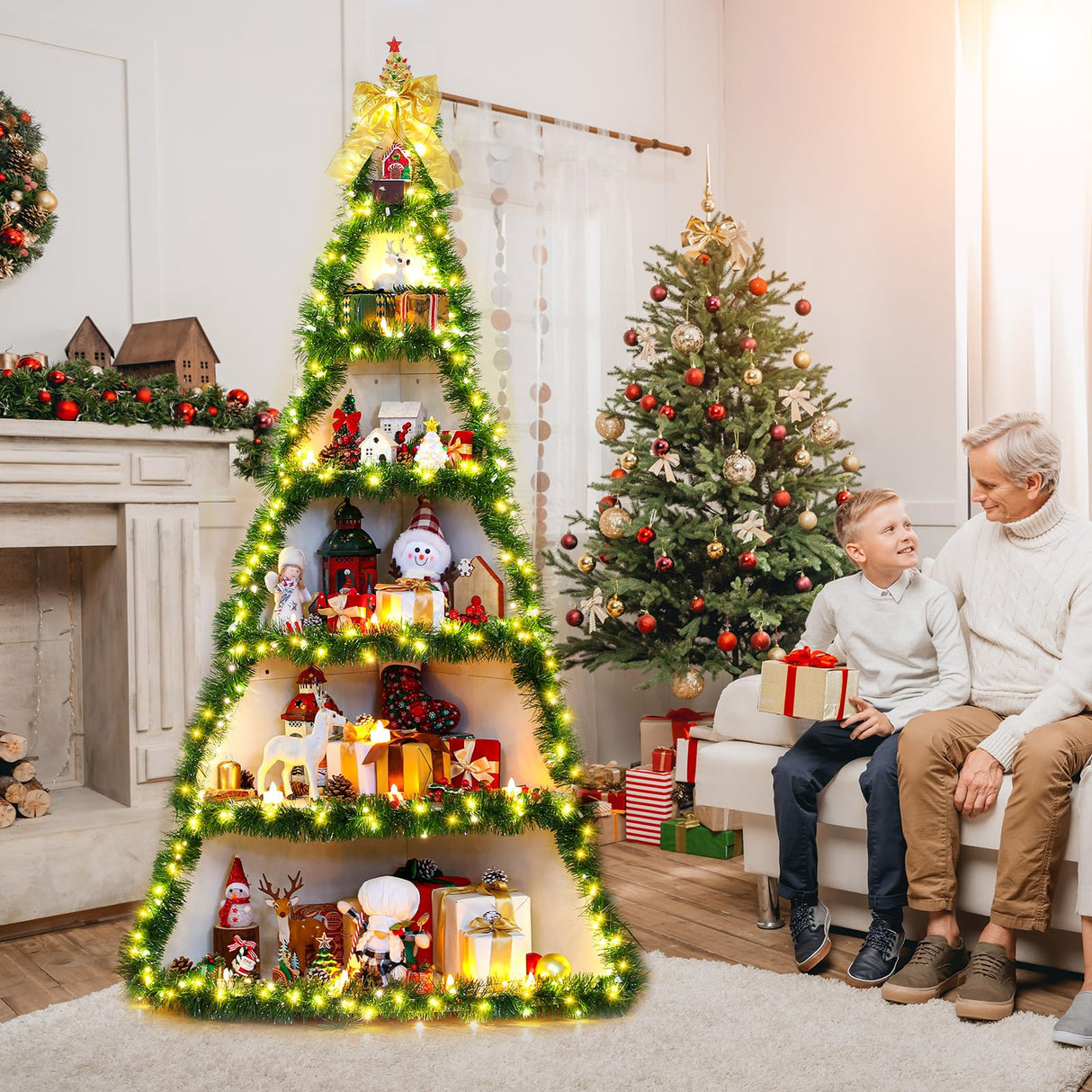 CroBlissful 6 Tier 6ft Christmas Village Display Stand Christmas Tree Corner Shelf Large Wood Platform Bookshelf for DIY Living Room Bedroom Home Office Decor CroBlissful