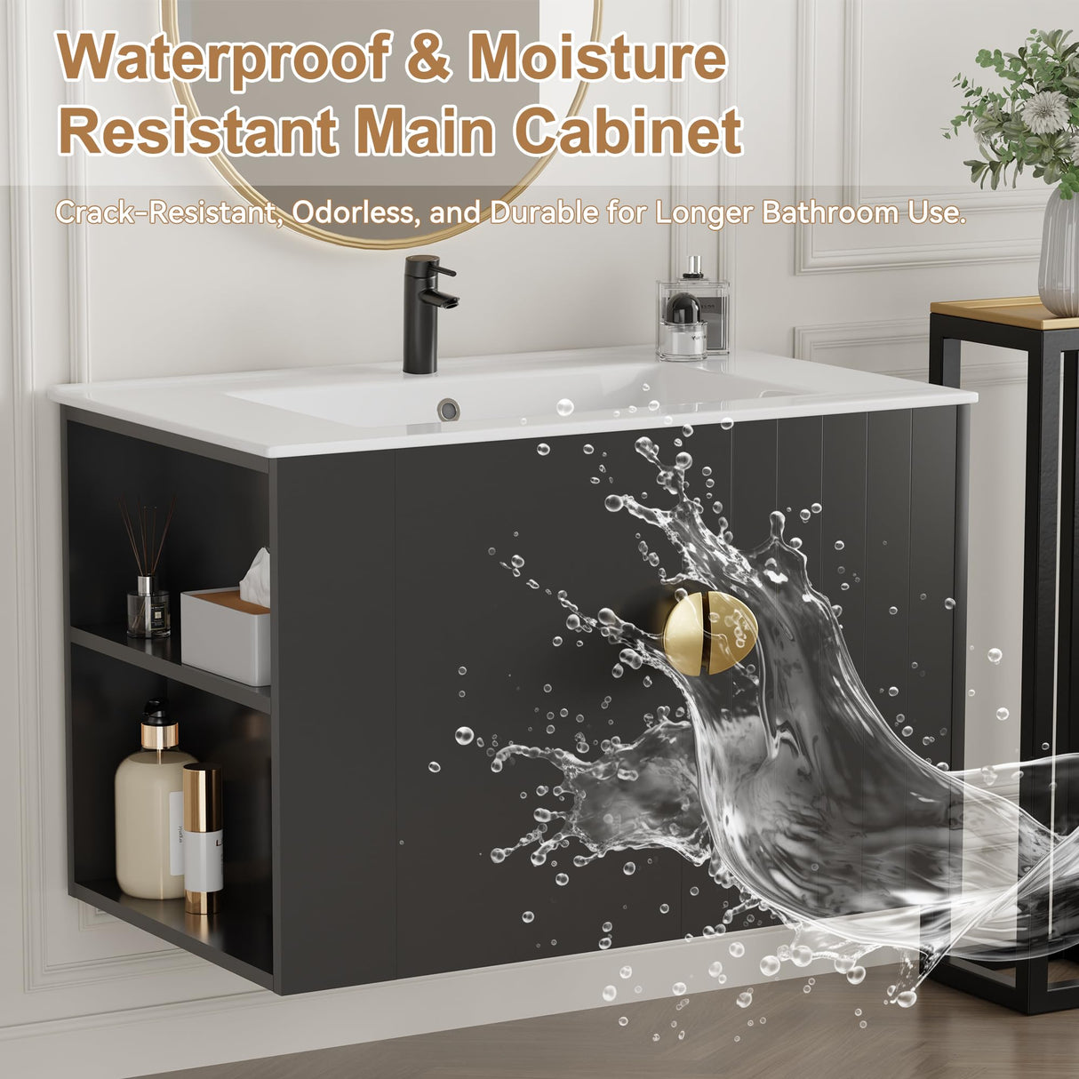 Findepot 30 Inch Floating Vanity Bathroom with Sink, Black Bathroom Vanity Cabinet Combo with Ceramics Sink Top, Soft Close Cabinet Door & Open Storage Right Shelf, Modern Wall Mounted Vanity Findepot