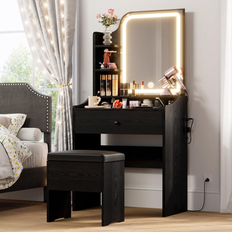 LIKIMIO Small Makeup Vanity Desk with Mirror and Lights, Vanity Table Set with Storage Drawer, Chair and Three Shelves, Bedroom, Black LIKIMIO