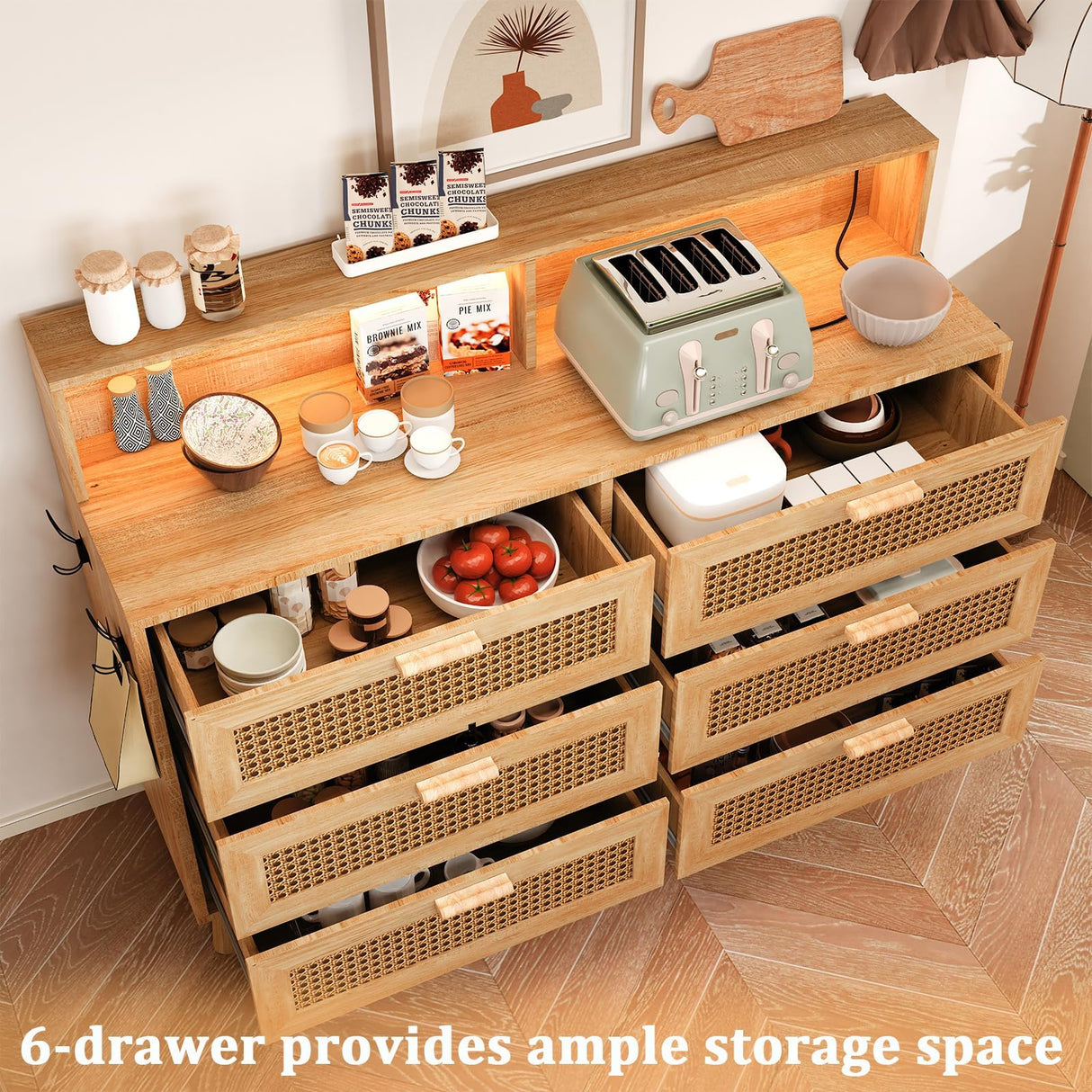 Dresser for Bedroom, 6 Drawer Boho Dresser with LED Light, Rattan Chest of Dressers, Modern Wood Dresser Chest, BesideTable for closet,Storage Organizer Cabinet for Hallway Entryway LivingRoom Natural Hiwelldas