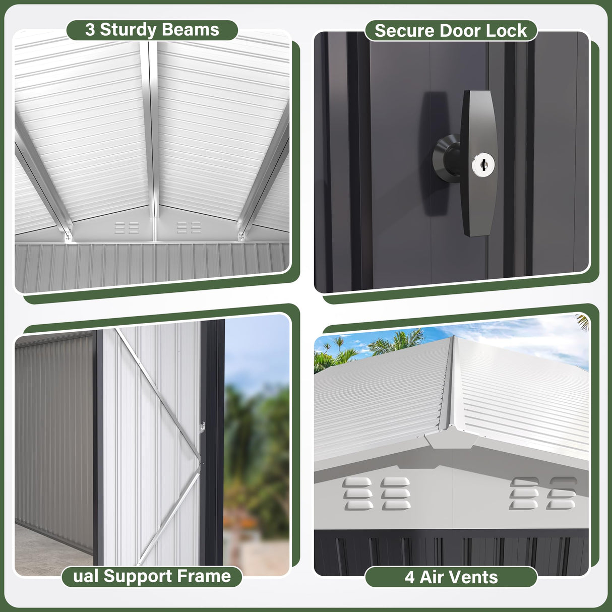 Polar Aurora 10x14 Outdoor Storage Shed, Garden Shed with Updated Frame Structure and Lockable Doors, Metal Tool Sheds for Backyard Garden Patio Lawn, White Polar Aurora