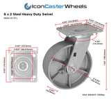 ICONCASTERWHEEL 6" x 2" Steel Heavy Duty Casters, Set of 4 Industrial Casters | 4 Swivel Top Plate Caster, Top Plate 4 x 4.5, Load Capacity 4,800 lbs per Set (4-Pack) ICONCASTERWHEELS