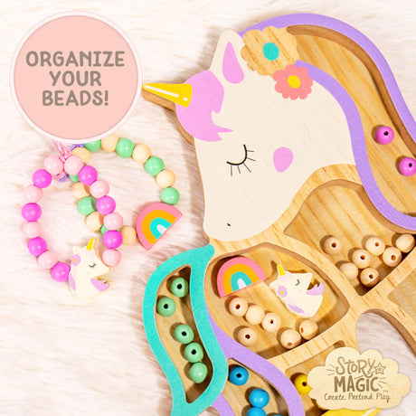 Story Magic Unicorn Bead Set by Horizon Group USA, Create Your Own Magical Beaded Jewelry, Includes Over 100 Natural Wooden Beads Large Hole, 5 Pre-Cut Elastic Cords with Shoelace Ends, Storage Case Story Magic