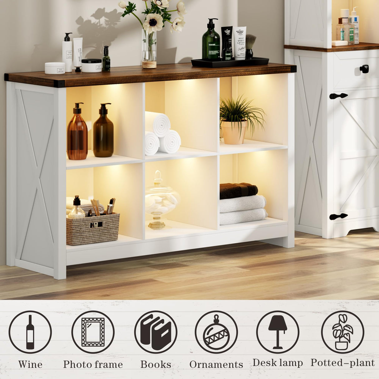HWB Farmhouse 6 Cube White Bookcase with LED Lighting and Charging Station HWB