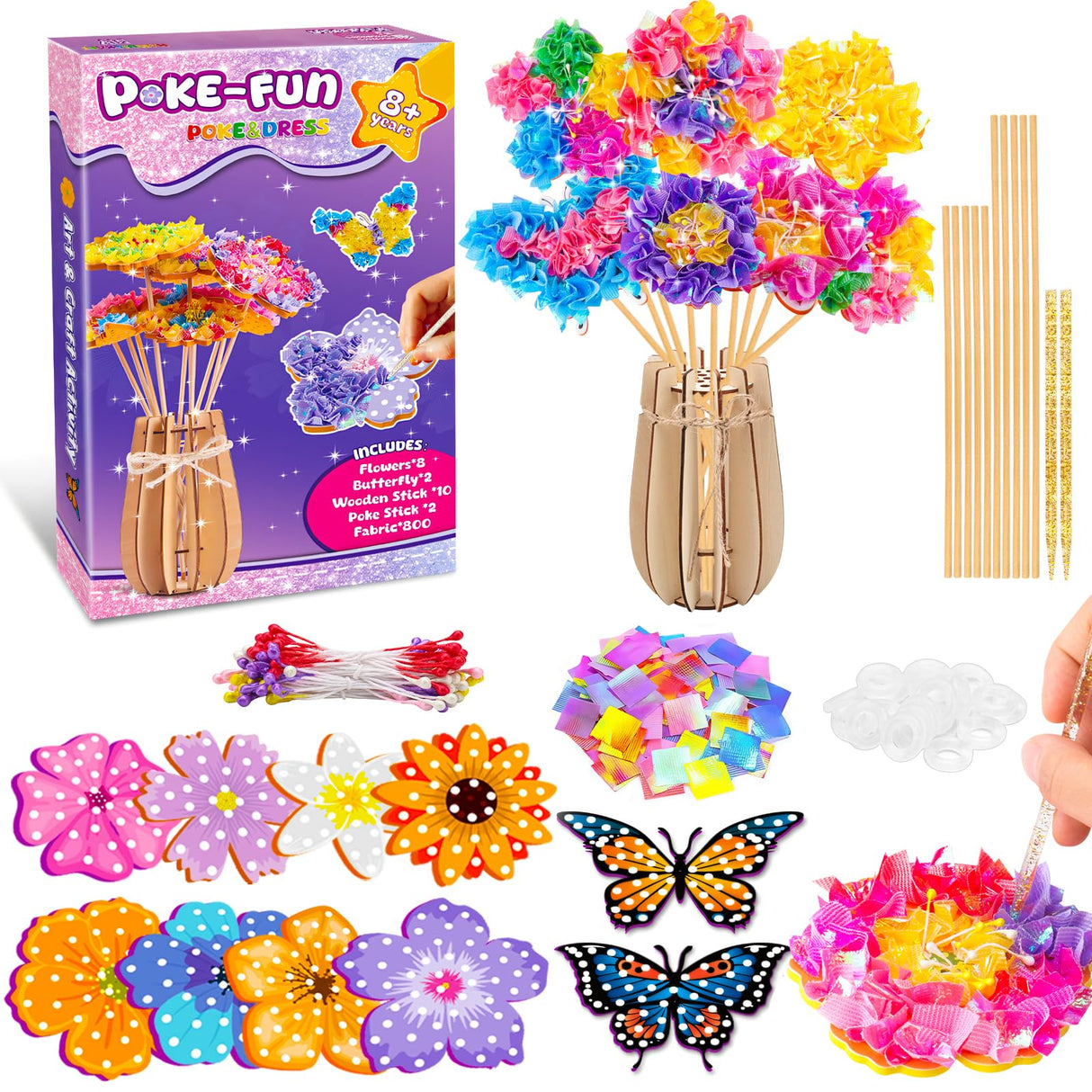 DREACAREFT Poke Art and Craft Flower Bouquet Kits for Girls, 8 Flowers & 2 Butterflies with Wooden Vase, Mess Free DIY Creative Activity, Birthday Gifts Toys for 5 6 7 8+ Year Old Girls DREACAREFT