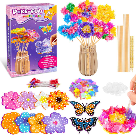 DREACAREFT Poke Art and Craft Flower Bouquet Kits for Girls, 8 Flowers & 2 Butterflies with Wooden Vase, Mess Free DIY Creative Activity, Birthday Gifts Toys for 5 6 7 8+ Year Old Girls DREACAREFT