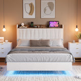 IDEALHOUSE Full Floating Bed Frame with LED Lights & Charging Station, Upholstered Platform Bed with Storage Headboard, Wood Slats Support, No Box Spring Needed, Easy to Assemble, White IDEALHOUSE