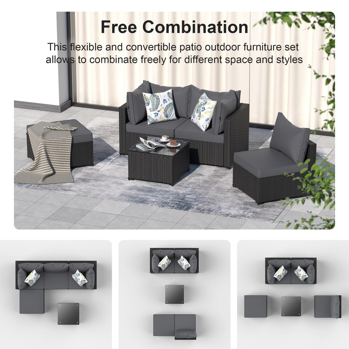 Patio Furniture Set, 5PCS Outdoor Conversation Sets Waterproof Rattan Sectional Sofa with 4” Thickened Cushion Modular Wicker Patio Furniture Set with Glass Top Table for Balcony, Backyard (Grey) Phonjoroo