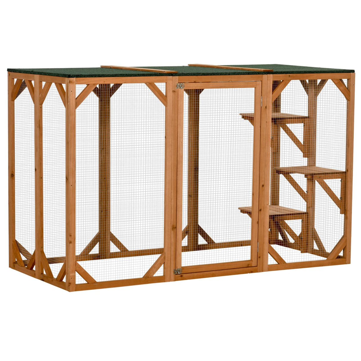 PawHut Outdoor Cat House, Catio Wooden Feral Cat Shelter, Cat Cage with Platforms, Large Enter Door, Weather Protection Asphalt Roof, 71" L, Orange PawHut