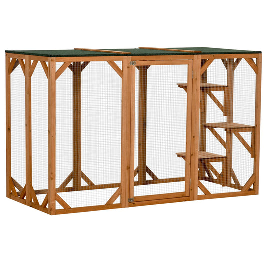 PawHut Outdoor Cat House, Catio Wooden Feral Cat Shelter, Cat Cage with Platforms, Large Enter Door, Weather Protection Asphalt Roof, 71" L, Orange - WoodArtSupply