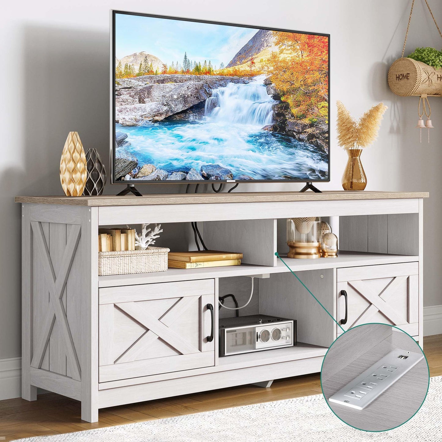 YITAHOME White TV Stand for 65 Inch Television Stand, Farmhouse Entertainment Center with Power Outlets and Open Shelf, Rustic Media Console TV Cabinet for Living Room, Grey White/Grey Wash