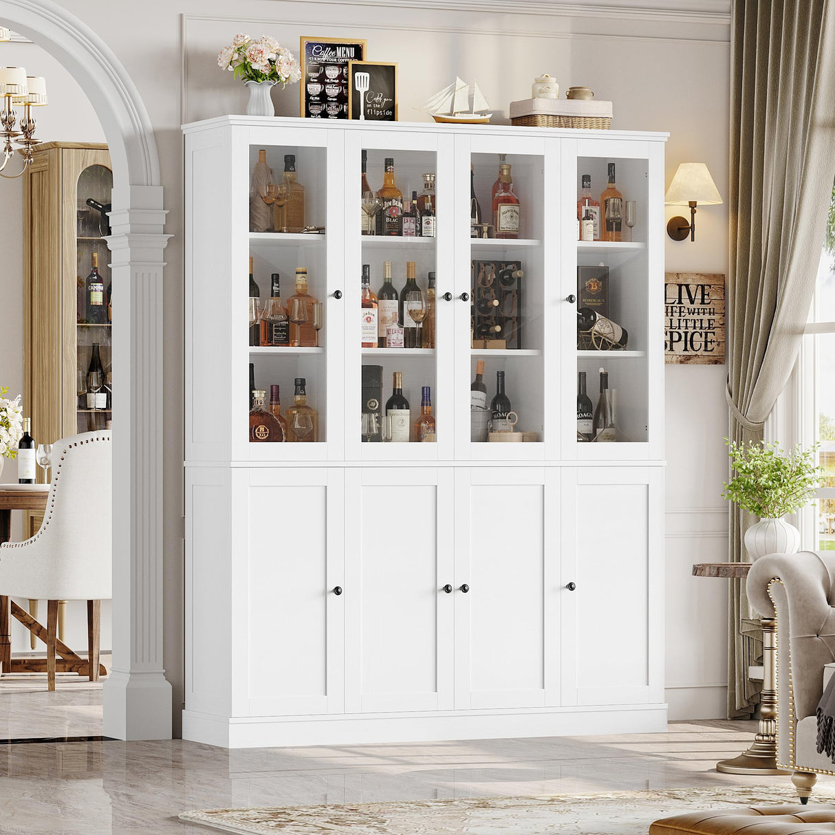 FACBOTALL 74'' Kitchen Pantry Cabinet, 63'' Wide Large Kitchen Hutch Storage Cabinet with LED, Tall Pantry with Adjustable Shelves, Display Cabinets with Glass Door for Living Room, Home Office, White FACBOTALL