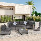 FHFO 7 Pieces Outdoor Patio Furniture Set, Outdoor Conversation Sets Wicker Sectional Couch Rattan Sofa with Thick Cushions & Coffee Table for Garden, Balcony, Backyard, Grey-Grey FHFO