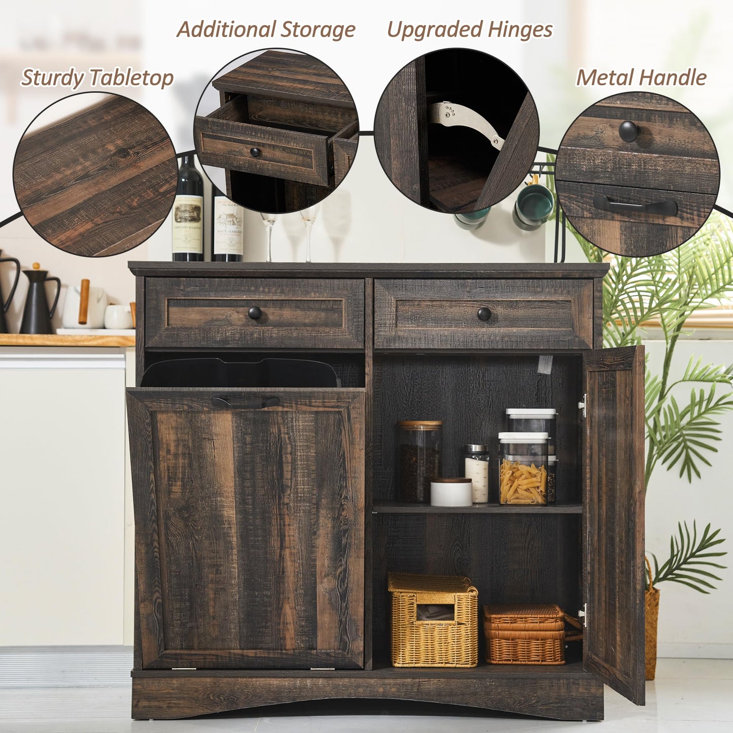 AHB 13 Gallons Tilt Out Trash Cabinet Freestanding Kitchen Trash Cabinet Hidden Garbage Recycling Cabinet with Hideaway Drawers Pet Proof Trash Can for Kitchen Dining Room Living Room, Rustic Brown