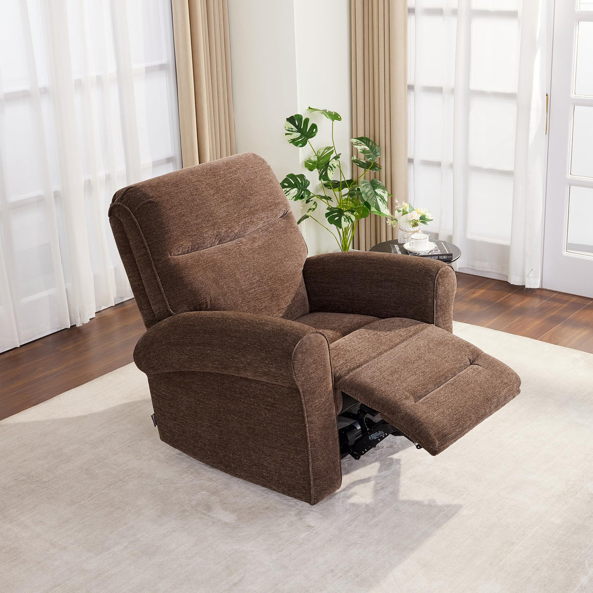 MCombo Power Wall Hugger Recliner Chair for Small Space RV Living Room, USB & USB-C Charging Ports, Modern Rolled Arm Recliner, Fabric PR630 (Dark Brown) MCombo