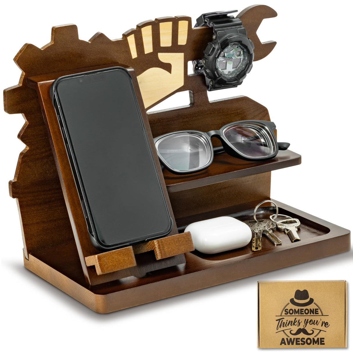 B1ykin Father's Day Wooden Nightstand Organizer - Wood Phone Docking Station Wallet Watch Stand Key Holder, Bedside Charging Station Organizer Men Gift Anniversary Birthday for Husband Dad Grandpa B1ykin