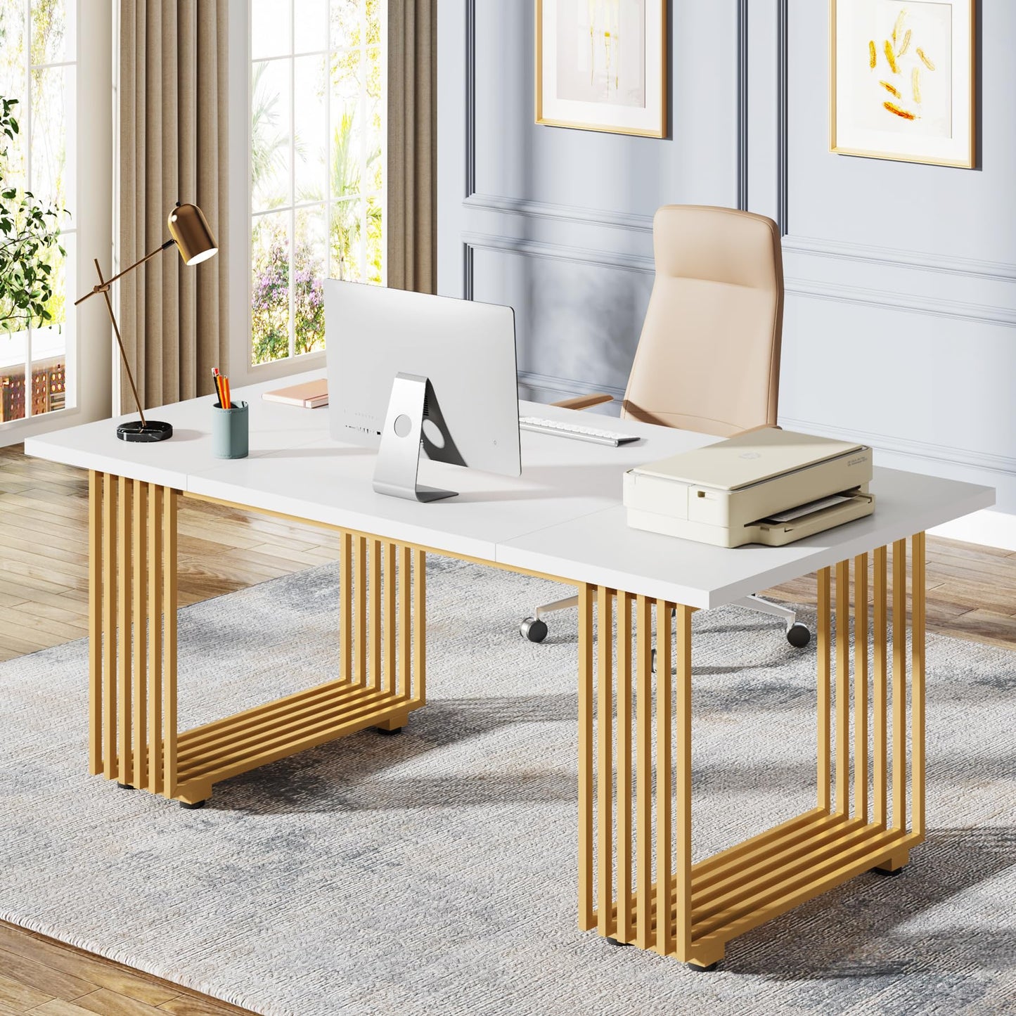 Tribesigns 70.9" Modern Office Desk, Wooden Computer Desk, White Executive Desk with Gold Metal Legs, Large Workstation for Home Office, Study Writing Desk, Small Conference Table for Meeting - WoodArtSupply