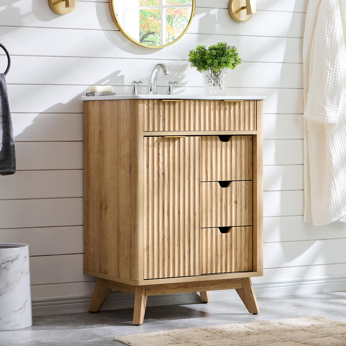 T4TREAM 24" Fluted Bathroom Vanity with Ceramic Sink Combo，Freestanding Small Modern Bathroom Storage Vanity Cabinet with Sliding Door & 3 Drawer，Wood Grain Texture，Metal Handle，Natural Oak T4TREAM