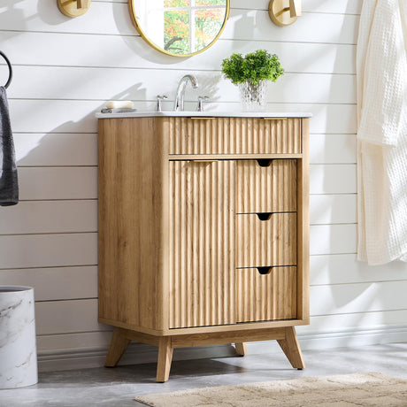 T4TREAM 24" Fluted Bathroom Vanity with Ceramic Sink Combo，Freestanding Small Modern Bathroom Storage Vanity Cabinet with Sliding Door & 3 Drawer，Wood Grain Texture，Metal Handle，Natural Oak T4TREAM