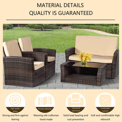 4 Pieces Patio Conversation Set, Outdoor PE Rattan Wicker Sofa Furniture Set with Soft Cushions and Glass Coffee Table for Backyard Lawn Garden Balcony Porch Poolside,Brown - WoodArtSupply