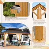 YOLENY 12' x 18' Hardtop Gazebo Faux Wood Grain Metal Gazebo with Aluminum Frame, Galvanized Steel Double Roof, Outdoor Patio Gazebo Pergolas with Netting and Curtains for Backyard, Patio, Lawns YOLENY