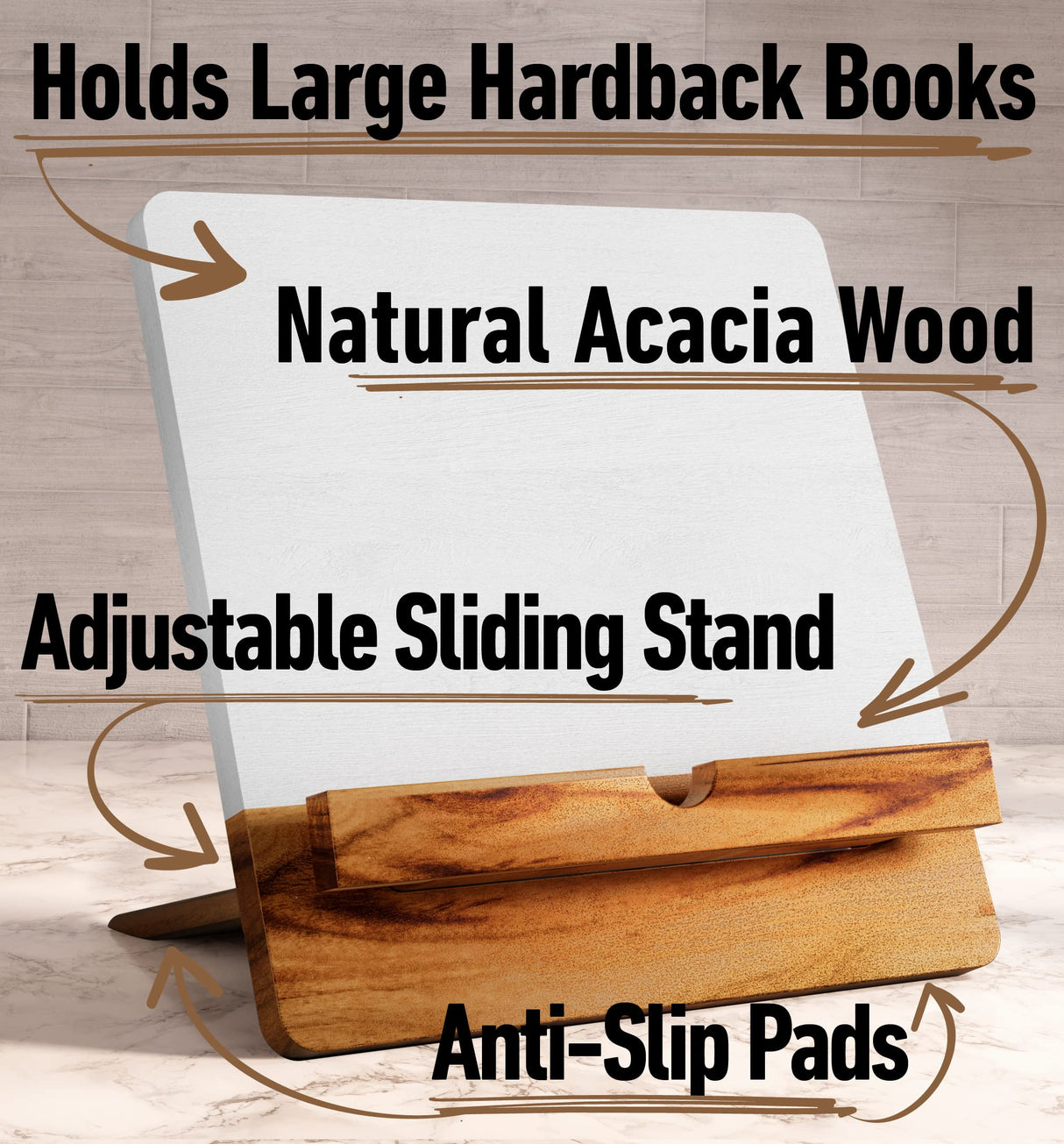 Acacia Cookbook Stand for Kitchen Counter - 12" x 12" Large Adjustable Non-Slip Acacia Wood Book Stand for Cookbooks - Collapsible for Easy Storage - Extra Large Recipe Book Holder for Kitchen Counter HB Design Co.