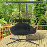 Jadoxy 2 Person Hanging Egg Chair with Canopy, Outdoor Rattan Swing Hammock Basket Chair with Soft Cushion, Wicker Egg Chair for Outdoor Patio, Balcony, Garden (Black) Jadoxy