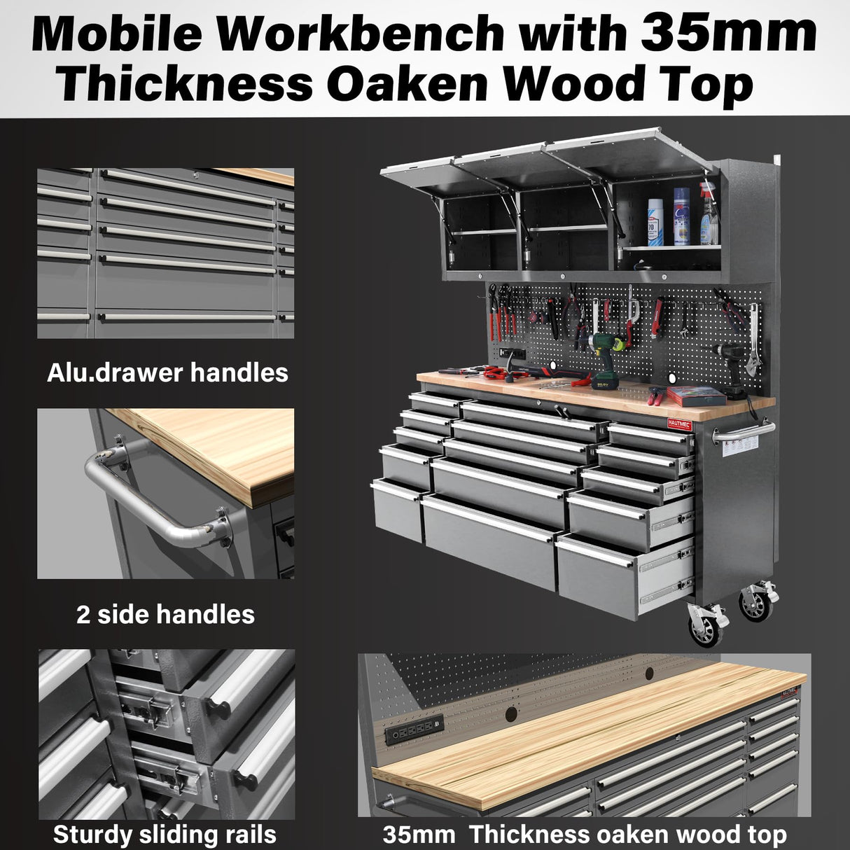 HAUTMEC 72" Rolling Tool Chest, Mobile Garage Workbench, Heavy-Duty Tool Cabinet on Wheels with 15 Drawers, 3 Upper Cabinets, Pegboard & 51 Hooks, Oak Work Surface & Power Strip – HT0428 HAUTMEC