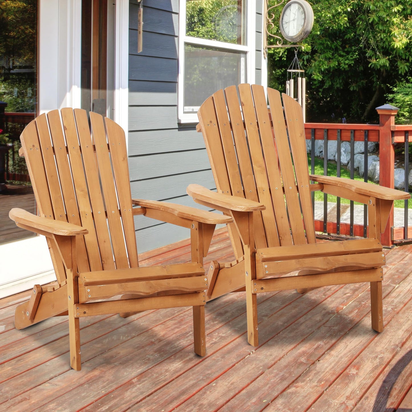 Set of 2 Adirondack Chairs Folding Outdoor Lawn Chairs Weather Resistant Patio Fire Pit Chairs with Wooden Construction for Garden Lawn Beach Outdoor Balcony, Natural - WoodArtSupply