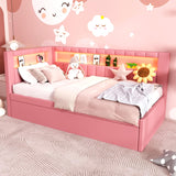 KALALLA Upholstered Twin Size Daybed with Trundle, Day Bed Frame with Storage L-Shaped Headboard USB Ports and LED Belt, No Box Spring Needed for Kids, Girls, Adults - Pink KALALLA