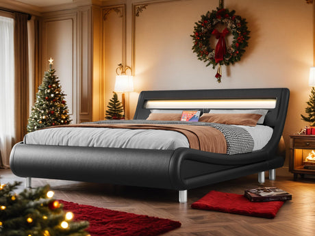 YITAHOME King Size LED Platform Bed Frame with Adjustable Headboard/No Box Spring Need/Easy Assembly/Faux Leather in Black YITAHOME