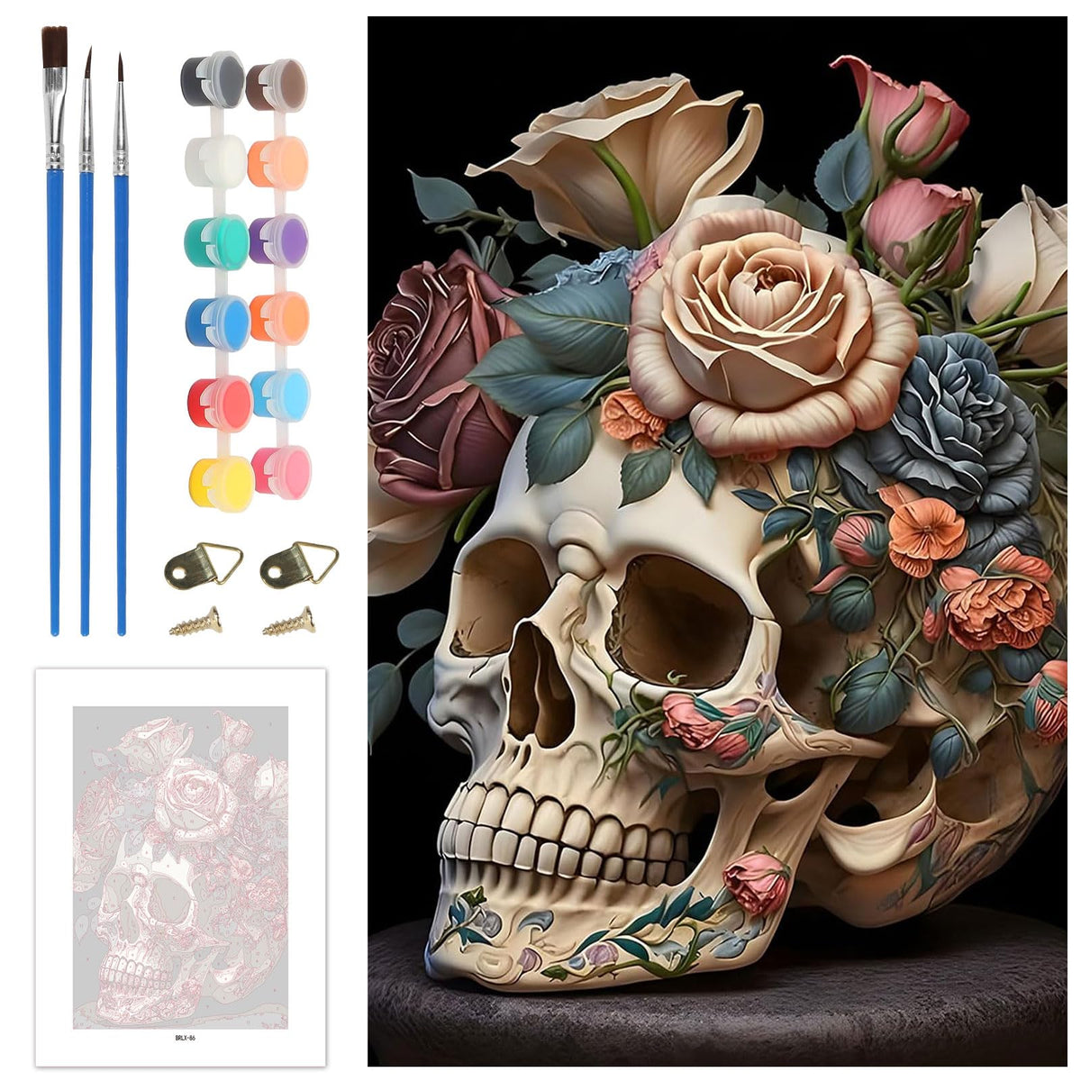 Skyboda Halloween Skull Paint by Numbers Kit for Adults Beginners with Frame, Flower Adult Paint by Number Kits on Canvas, Easy DIY Oil Painting Kits for Home Decor, 8x12in Skyboda