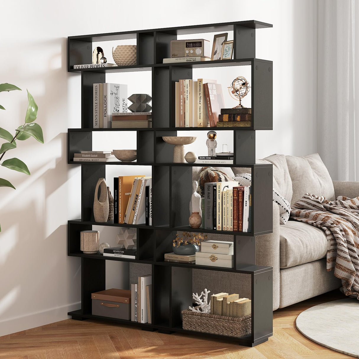 SILKYDRY 6 Tier S Shaped Bookshelf, Wood Geometric Bookcase, Modern Room Divider and Display Shelf, 64" Tall Staggered Bookshelf for Bedroom Living Room Office Study (2, Black) SILKYDRY