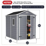 Keter Manor 6 x 8 Foot All Weather Garden Tool Outdoor Storage Shed Durable Resin Organizer with Lockable Double Doors and Fixed Window, Gray Keter