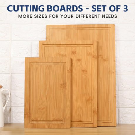 Hiware Wood Cutting Boards for Kitchen, Heavy Duty Bamboo Cutting Board with Juice Groove, Bamboo Chopping Board Set for Meat, Vegetables - Set of 3 HIWARE