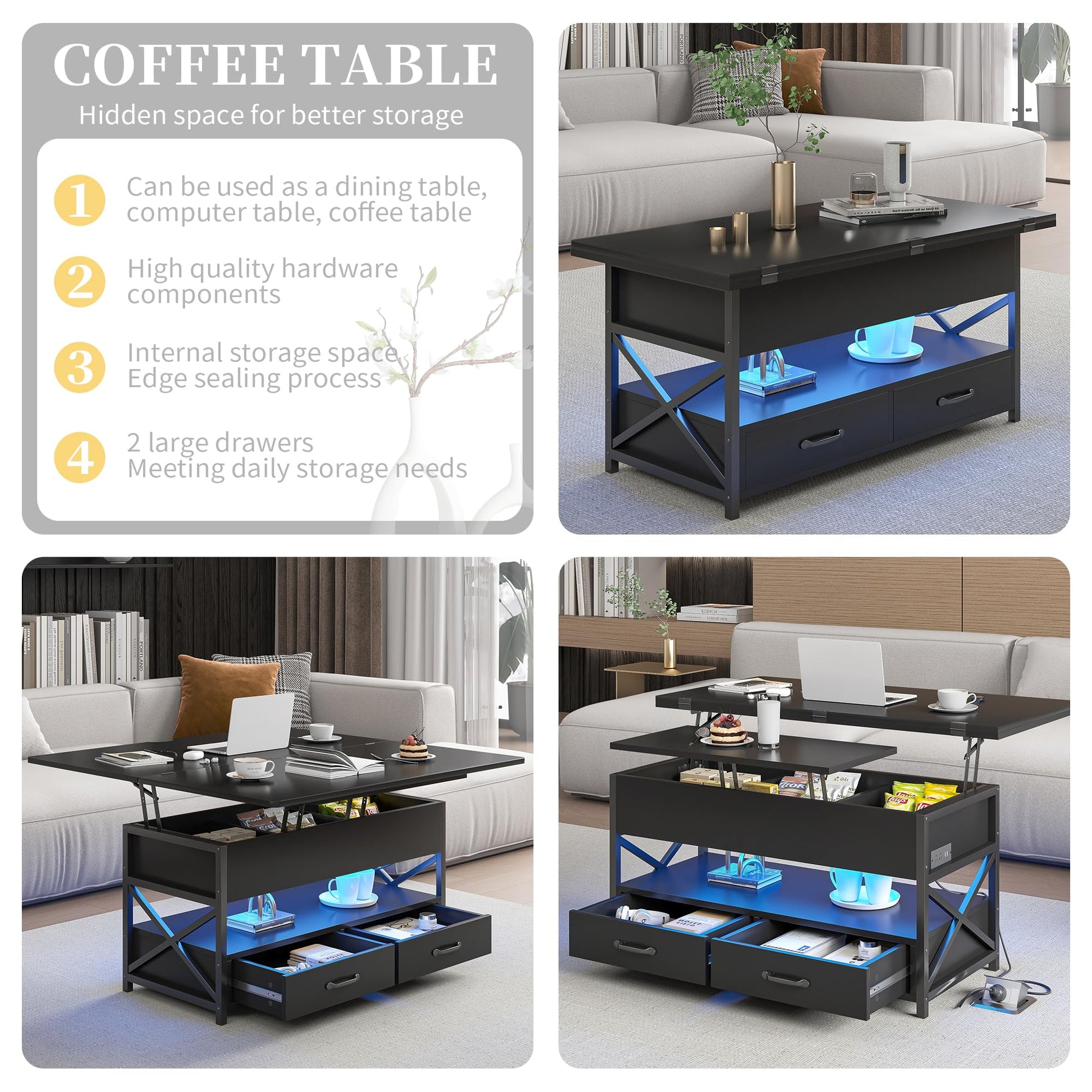 Oubayajia Lift Top Coffee Table with LED Light, Power Outlets, and Storage Shelf, Coffee Tables with 2 Storage Drawers and Hidden Compartment, coffee table for living room (black) - WoodArtSupply