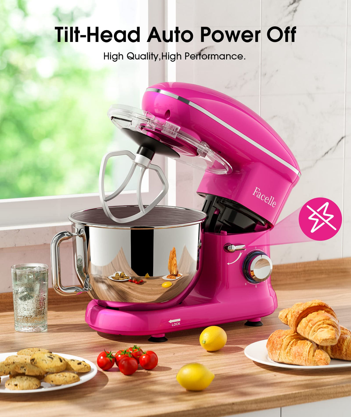 Facelle Stand Mixer, Electric Kitchen Mixer, 660W 6 Speed Tilt-Head stand mixer with Pulse Button, Attachments include 6.5 QT Bowl, Dishwasher Safe Beater, Dough Hook, Whisk & Splash Guard - Purple Facelle