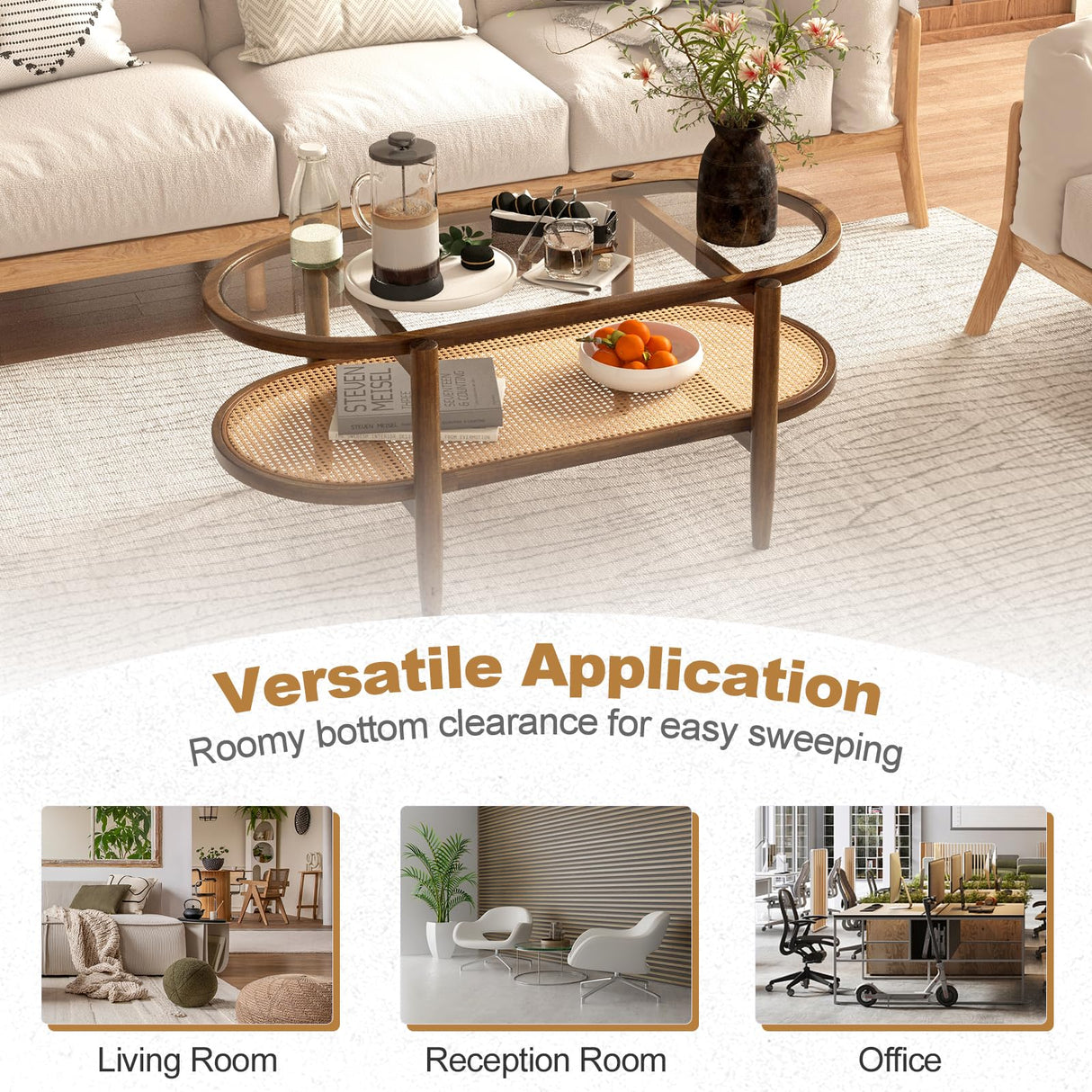 Giantex Boho Rattan Coffee Table - Acacia Wood Center Table with Tempered Glass Tabletop & PE Rattan Storage Shelf, 2-Tier Oval Tea Table for Small Space, Living Room, Bedroom, 40”L Giantex