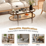 Giantex Boho Rattan Coffee Table - Acacia Wood Center Table with Tempered Glass Tabletop & PE Rattan Storage Shelf, 2-Tier Oval Tea Table for Small Space, Living Room, Bedroom, 40”L Giantex