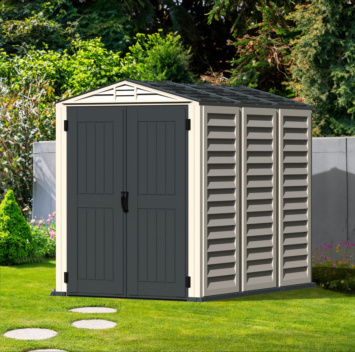 Duramax YardMate 5' x 8' Plus Plastic Garden Shed with Plastic Floor - Anthracite & Adobe - 15 Years Warranty DURAMAX